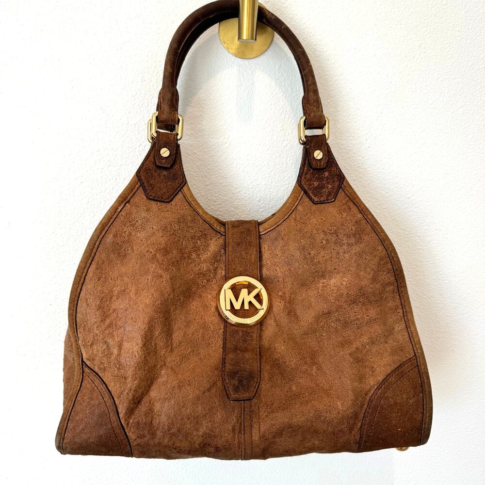 Michael Kors Distressed Ostrich Embossed Leather Shoulder Tote Bag Walnut Brown